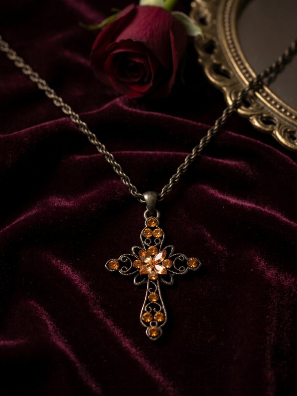 Vintage-style Filigree Cross Amber-tone Pendant Antique Bronze Metal Necklace